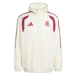 Kurtka wodoodporna All Weather Real Madrid Tiro 2026/27. Brązowe kurtki męskie Adidas, m, bez wzorów, z materiału, do piłki nożnej. Za 423.00 zł.