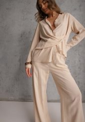 Beżowy Komplet z Wiskozy Spodnie Szerokie i Koszula z Ozdobnym Materiałem Airial. Brązowe koszule damskie Renee, l, bez wzorów, z wiskozy. Za 159.99 zł.