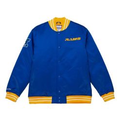 Gruba satynowa kurtka Los Angeles Rams. Niebieskie kurtki męskie Mitchell & Ness, s, bez wzorów, z satyny, bez kaptura. Za 559.00 zł.
