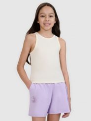 4F Crop top slim z prążkowanej dzianiny dziewczęcy - biały 158 (12-13 lat). Białe t-shirty i topy dla dziewczynek 4f, bez wzorów, z bawełny, bez ramiączek. W wyprzedaży za 19.99 zł.