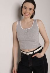 Szary Bawełniany Top w Prążki z Guzikami przy Dekolcie Bervise. Szare bluzki damskie Born2be, m, bez wzorów, z bawełny, bez kołnierzyka, bez ramiączek. Za 29.99 zł.