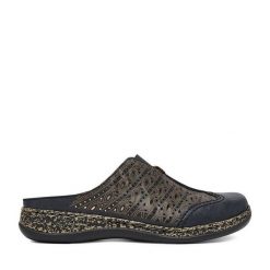 Klapki Rieker. Niebieskie klapki damskie Rieker, bez wzorów, bez obcasa. Za 329.99 zł.
