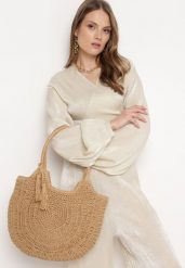 Ciemnobeżowa Okrągła Torebka Pleciona w Stylu Boho z Ozdobnym Chwostem Karasa. Brązowe torebki do ręki damskie Born2be, bez wzorów, boho, bez dodatków. Za 109.99 zł.