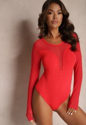Czerwone Wiskozowe Body z Transparentnymi Wstawkami i Zapięciem na Haftki Maivia. Czerwone bluzki damskie Renee, l, bez wzorów, z jeansu, biznesowe, bez kołnierzyka, bez ramiączek. Za 49.99 zł.