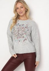 Jasnoszary Sweter Ozdobiony Haftowanym Wzorem Inadrea. Szare swetry damskie Born2be, bez wzorów, z jeansu, eleganckie, bez kołnierzyka, bez ramiączek, długie, bez kaptura. Za 159.99 zł.