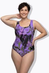 Damskie Strój kąpielowy lilie bez miękkich miseczek pas pod biustem. Czarne kostiumy jednoczęściowe damskie Ulla Popken, plus size, bez wzorów, z elastanu, sportowe, plus size, do pływania. Za 159.99 zł.