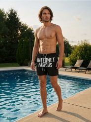 Szorty kąpielowe z napisem Internet Famous - czarny. Czarne krótkie spodenki sportowe męskie Sinsay, l, bez wzorów. W wyprzedaży za 14.99 zł.