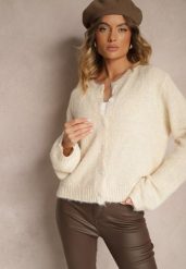 Beżowy Klasyczny Kardigan o Prostym Kroju Riavara. Brązowe kardigany damskie Renee, bez wzorów, z jeansu, eleganckie, bez kołnierzyka, bez ramiączek, bez kaptura. Za 159.99 zł.