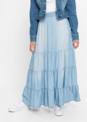 Długa spódnica z falban. Niebieskie spódnice damskie bonprix, bez wzorów, z denimu, maxi. Za 147.99 zł.