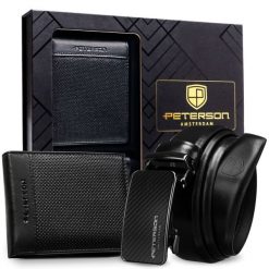 Zestaw prezentowy: skórzany, czarny portfel męski i pasek ze skóry naturalnej - Peterson. Czarne paski damskie Peterson, bez wzorów, ze skóry. Za 133.99 zł.