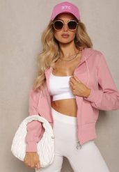 Różowa Klasyczna Rozpinana Bluza na Suwak ze Ściągaczem Parivea. Czerwone bluzy damskie Renee, l, bez wzorów, z kapturem. Za 29.99 zł.