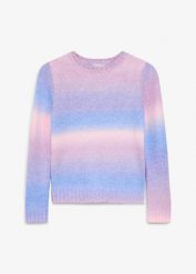 Gruby sweter z miękkiej mieszanki wełny. Fioletowe swetry dla dziewczynek bonprix, bez wzorów, z dzianiny, eleganckie, bez kołnierzyka, bez ramiączek, bez kaptura. Za 109.99 zł.