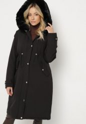 Czarna Kurtka Parka Długa ze Ściągaczami i Futerkiem Odpinanym Delanira. Czarne kurtki damskie Born2be, l, bez wzorów, eleganckie, bez kaptura. Za 339.99 zł.