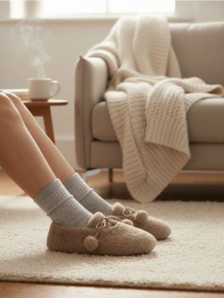 Kapcie z ozdobnymi pomponami - beżowy. Brązowe kapcie damskie Sinsay, bez wzorów. Za 25.99 zł.