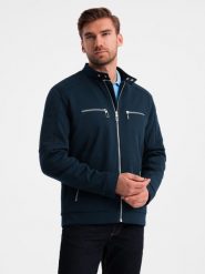 Męska kurtka typu biker ze stójką i kieszeniami – granatowa V1 OM-JALP-0157 - XXL. Niebieskie kurtki męskie Ombre Clothing, l, bez wzorów, z materiału, bez kaptura. W wyprzedaży za 139.99 zł.
