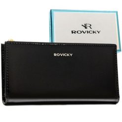 Czarny, duży portfel damski ze skóry ekologicznej zamykany suwakiem i zatrzaskiem - Rovicky. Czarne portfele damskie ROVICKY, bez wzorów, ze skóry ekologicznej. Za 68.99 zł.