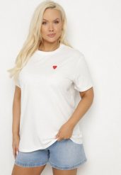 Biały Bawełniany T-shirt Ozdobiony Sercem Tolianee. Białe bluzki damskie Born2be, l, bez wzorów, z bawełny, klasyczne, bez kołnierzyka. Za 49.99 zł.