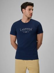 4F T-shirt regular z nadrukiem męski - granatowy XXL. Niebieskie koszulki sportowe męskie 4f, m, bez wzorów, z bawełny, bez kołnierzyka, bez ramiączek. W wyprzedaży za 39.99 zł.