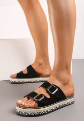 Czarne Klapki na Grubej Podeszwie w Stylu Boho z Regulowanymi Klamrami Illestra. Czarne klapki damskie Born2be, z aplikacjami, boho, bez obcasa, na płaskiej podeszwie. Za 64.99 zł.