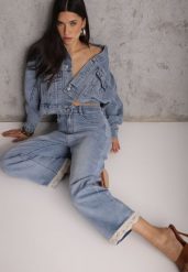 Niebieskie Jeansy z Bawełną i Koronką przy Nogawkach Neathlin. Niebieskie jeansy damskie Renee, z podwyższonym stanem. Za 119.99 zł.