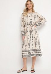 Jasnobeżowa Sukienka we Wzory Boho Pudełkowa z Paskiem w Talii Lisanea. Brązowe sukienki damskie Born2be, na co dzień, bez wzorów, z materiału, boho, bez kołnierzyka, bez ramiączek, midi, w kształcie A. Za 89.99 zł.