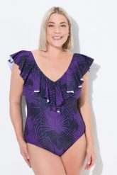 Damski Kostium kąpielowy wzór skóra węża miękkie miseczki falbana z recyklingu. Fioletowe kostiumy jednoczęściowe damskie Ulla Popken, plus size, bez wzorów, z elastanu, plus size, do pływania. Za 239.99 zł.