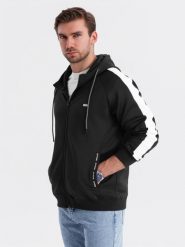 Męska rozpinana bluza z kapturem i lampasami - czarna V1 OM-SSZP-0210 XL. Czarne bluzy męskie Ombre, m, bez wzorów, z kapturem. Za 393.34 zł.