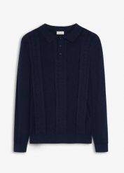 Sweter polo z czystej bawełny. Niebieskie swetry przez głowę męskie bonprix, m, bez wzorów, z bawełny, bez kołnierzyka. Za 129.99 zł.