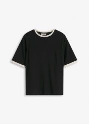 Bluzka z koronkową lamówką. Żółte bluzki damskie bonprix, bez wzorów, z koronki, eleganckie, bez kołnierzyka, bez ramiączek. Za 37.99 zł.
