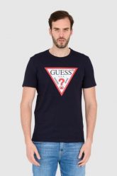GUESS Granatowy męski t-shirt bawełniany slim fit, Rozmiar XL. Niebieskie t-shirty męskie Guess, l, z aplikacjami, z bawełny, bez kołnierzyka. W wyprzedaży za 116.99 zł.