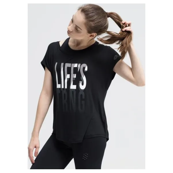 Lotto Koszulka Ss Dinamico W Vi , czarny, rozmiar XS. Czarne koszulki sportowe damskie Lotto, s, z aplikacjami, z materiału, bez kołnierzyka, bez ramiączek, na fitness i siłownię. Za 79.99 zł.
