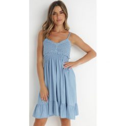 Niebieska Sukienka Adessa. Niebieskie sukienki dla dziewczynek Born2be, na lato, z aplikacjami, eleganckie, bez ramiączek. Za 84.99 zł.
