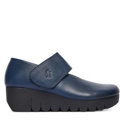 Półbuty Fly London. Niebieskie półbuty damskie Fly London, bez wzorów, bez obcasa, na koturnie, bez zapięcia. Za 439.99 zł.
