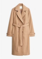 Zimowy trencz o wyglądzie wełny. Brązowe kurtki damskie bonprix, na zimę, bez wzorów, z wełny, eleganckie, bez kaptura. Za 329.99 zł.