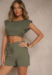 Zielone Szorty z Bawełną High Waist z Ozdobnym Sznurkiem Axemia. Zielone szorty sportowe damskie Renee, na lato, m, bez wzorów, z bawełny, eleganckie, z podwyższonym stanem, trekkingowe. Za 44.99 zł.