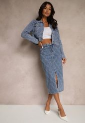 Niebieska Spódnica Jeansowa z Bawełny High Waist Ozdobiona Przetarciami Carithwen. Niebieskie spódnice damskie Renee, s, bez wzorów, z bawełny, eleganckie, z podwyższonym stanem, midi, dopasowane. Za 54.99 zł.