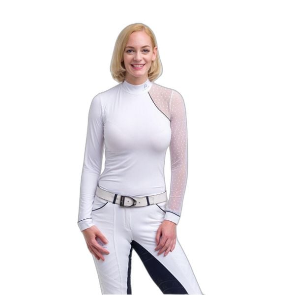 Damska koszulka polo do jazdy konnej z długim rękawem Cavalliera Modern. Białe koszule damskie CAVALLIERA, bez wzorów, bez kołnierzyka, bez ramiączek, do jazdy konnej. W wyprzedaży za 296.50 zł.