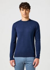 WRANGLER MĘSKA BLUZA KNIT SWEATER NAVY 112357427 W8F2017358. Niebieskie bluzy męskie Wrangler, m, bez wzorów, z bawełny, bez kaptura. W wyprzedaży za 129.99 zł.
