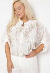 Biało-Beżowa Koszula z Bawełną w Haftowane Kwiaty Tolarea. Białe bluzki damskie Born2be, bez wzorów, z bawełny, eleganckie, bez kołnierzyka, bez ramiączek. Za 89.99 zł.