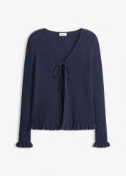 Sweter rozpinany z dzianiny o splocie drobnych oczek. Niebieskie kardigany damskie bonprix, bez wzorów, z dzianiny. Za 97.99 zł.
