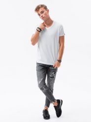 Klasyczna męska koszulka z dekoltem w serek BASIC - biały V4 S1369 - XXL. Białe t-shirty męskie Ombre Clothing, m, bez wzorów, z jeansu, klasyczne, bez kołnierzyka. W wyprzedaży za 29.99 zł.