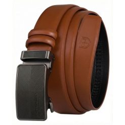 Skórzany pasek męski w jasnobrązowym kolorze z automatyczną, czarną klamrą Peterson PTN A011-AB TAN. Brązowe paski damskie Peterson, bez wzorów, ze skóry, eleganckie. Za 59.99 zł.