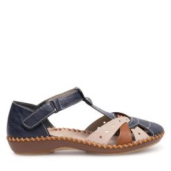 Sandały Rieker. Niebieskie klapki damskie Rieker, bez wzorów, bez obcasa, na płaskiej podeszwie, bez zapięcia. Za 259.99 zł.
