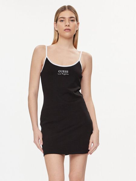 Guess Sukienka codzienna E4GK00 KBP41 Czarny Slim Fit. Czarne sukienki damskie Guess, na co dzień, xs, z aplikacjami, z bawełny, bez kołnierzyka, bez ramiączek, proste. Za 129.99 zł.