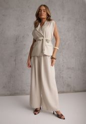 Beżowy Wiskozowy Komplet Garniturowy Spodnie Wide Leg i Kamizelka z Paskiem Elyenryl. Brązowe spodnie materiałowe damskie Renee, l, bez wzorów, z materiału. Za 199.99 zł.