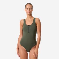 Strój jednoczęściowy do gimnastyki w wodzie/aquabike damski Nabaiji Lio. Czarne kostiumy jednoczęściowe damskie Decathlon, s, bez wzorów, z materiału, sportowe, na fitness i siłownię. Za 89.99 zł.