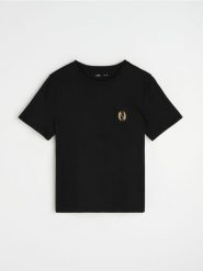 Bawełniana koszulka z krótkim rękawem i błyszczącą aplikacją - czarny. Czarne t-shirty damskie Sinsay, l, z aplikacjami, z bawełny, bez kołnierzyka. Za 25.99 zł.