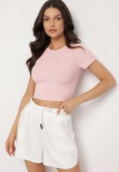 Jasnoróżowy T-shirt z Prążkowanego Materiału o Krótkim Kroju Telunna. Czerwone bluzki damskie Born2be, l, bez wzorów, z jeansu, eleganckie, bez kołnierzyka. Za 29.99 zł.