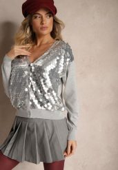 Szary Kardigan na Guziki z Wiskozą i Cekinami Evelith. Szare kardigany damskie Renee, z aplikacjami, z jeansu, eleganckie, bez kołnierzyka, bez ramiączek, długie, bez kaptura. Za 109.99 zł.