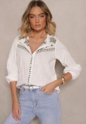 Biało-Zielona Bawełniana Koszula Boho z Haftowanym Wzorem Gonniva. Zielone bluzki damskie Renee, l, bez wzorów, z bawełny, boho, bez kołnierzyka, bez ramiączek. Za 84.99 zł.
